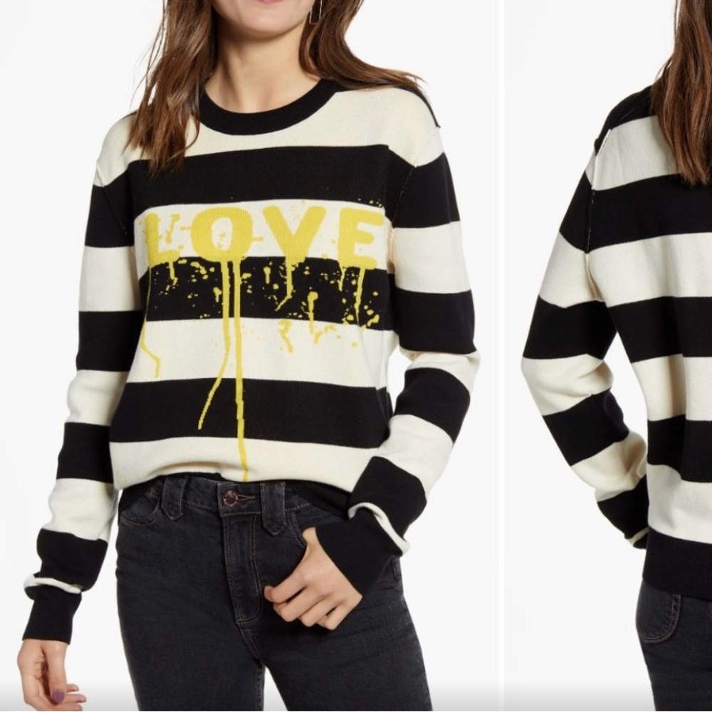 Zadig & Voltaire Black and White Striped Sweater with Yellow Love Graphic